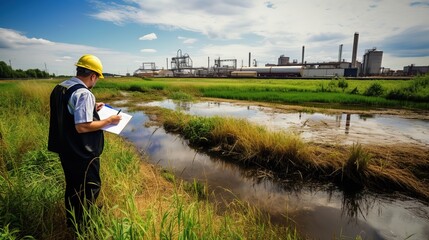 Natural Water Sources maybe Contaminated by Toxic Waste or Suspicious Pollution Sites. The Environmental Engineers Inspect Water Quality and Take Water Samples Notes in The Field Near Farmland.