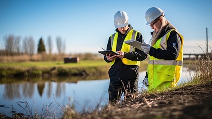 Natural Water Sources maybe Contaminated by Toxic Waste or Suspicious Pollution Sites. The Environmental Engineers Inspect Water Quality and Take Water Samples Notes in The Field Near Farmland.