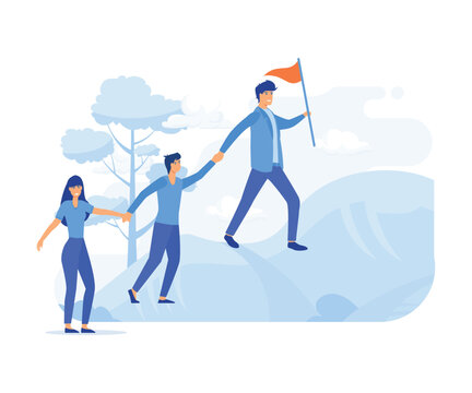 Business People Climb To The Top Of The Mountain, Leader Helps The Team To Climb The Cliff And Reach The Goal, Business Concept, Flat Vector Modern Illustration