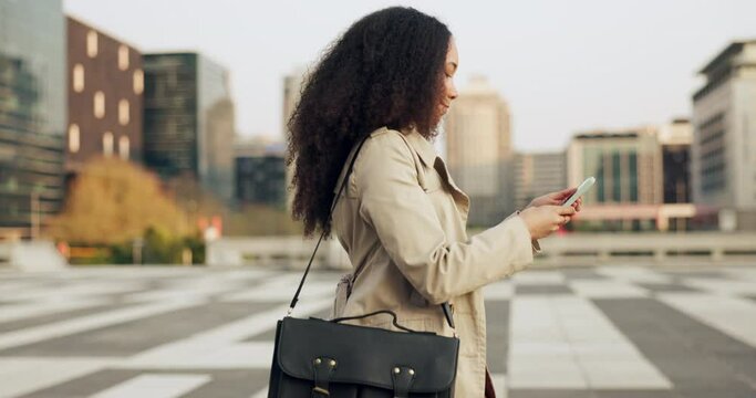 Business woman, phone and walk in city, street and thinking with typing, networking and contact on web chat. Entrepreneur, smartphone and ideas with social network, scroll and travel in Seattle metro