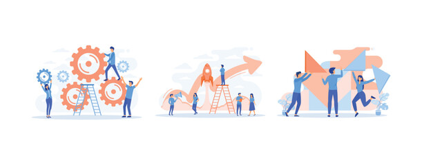 mechanism teamwork. Skill job cooperation coworker person. Group company process development structure workforce,  set flat vector modern illustration  