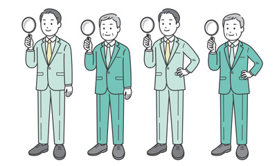 虫眼鏡を持つビジネスマン 斜め