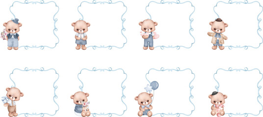 Watercolor Illustration set of blue ribbon frame and cute teddy bears