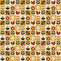 Abstract geometric seamless pattern. Mosaic design with the simple shape of flowers in black red, and yellow on a square blocks backgrounds. Neo geometric. Vector Illustration.