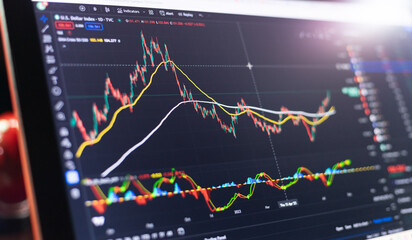 An Investor analysis the stock market exchange from the candlestick graph. Trader at home office trading on computer and using mobile phone. Financial and broker agent investment concept.