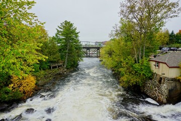 Fototapeta na wymiar Bracebridge Falls and Autumn Leaves in Bracebridge, Ontario, Canada