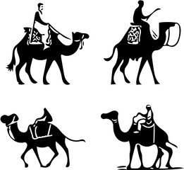 Set of vector illustrations of a man riding a camel in black and white, Arabian camel drawing