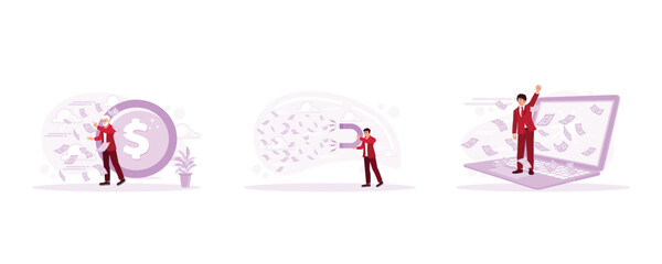 Obraz premium Throwing and scattering money into the air. Attract money with a big magnet. Earn much money from laptops. Earning Money concept. Set Trend Modern vector flat illustration