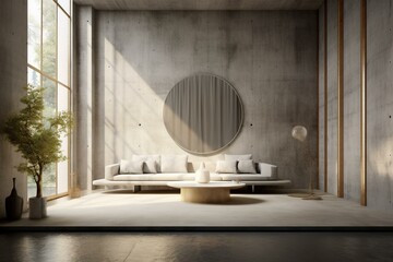 An abstract interior design featuring a concrete room with an architectural background. Generative AI