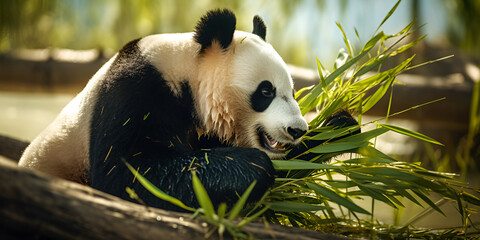 Panda bear sitting on top of tree branch in forest with green leaves