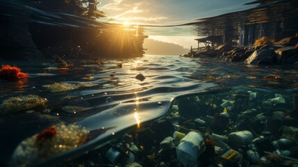 Plastic pollution in the ocean. Plastic waste and pollution in the sea and rivers. Environment and nature pollution caused by humans.