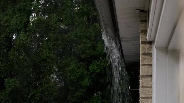 Heavy Rain storm Hitting House Roof and Rain Gutter During Thunderstorm. slow motion