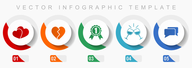 Love icon set, miscellaneous icons such as heart, badge, toast and chat, flat design vector infographic template, web buttons in 5 color options
