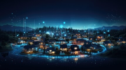 smart neighborhood of houses connected by internet, technology, social media. generative AI