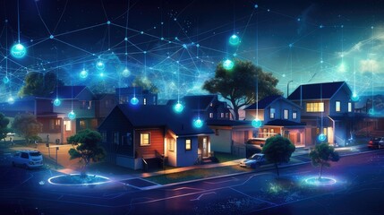 smart neighborhood of houses connected by internet, technology, social media. generative AI - obrazy, fototapety, plakaty