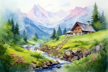 Fototapeta na wymiar Scenic watercolor mountains with cottage. Generative AI