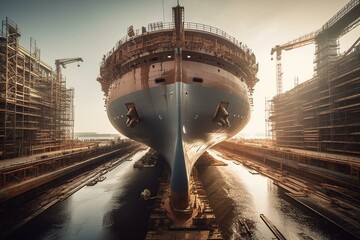 Breathtaking sight of a colossal vessel under construction in a dock. Generative AI