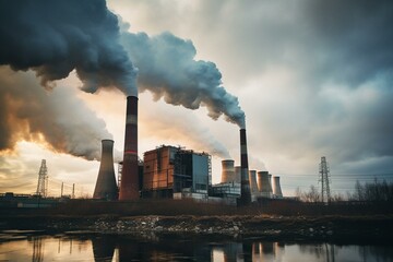 thick smoke rises from power plant chimneys into the cloudy sky. Generative AI