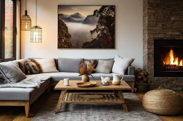  The interior of the country living room, a modern gray sofa with wall wax with a fireplace gives warmth.