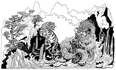 Asian Dragon and White Tiger Encounter at the Waterfall. Celestial feng shui animals. Mythological creatures facing each other are surrounded by water waves. Chinese landscape. Black and white Vector