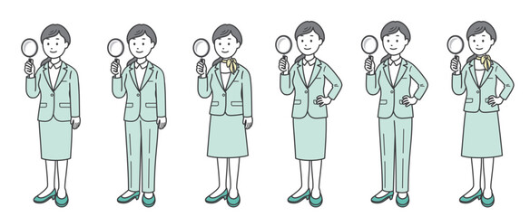 虫眼鏡を持つ女性ビジネスマン