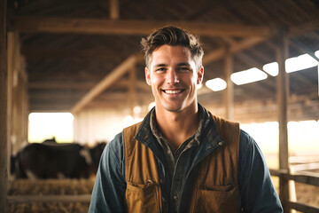 A smiling young male farmer in the cow barn. - obrazy, fototapety, plakaty