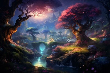 Obraz na płótnie Canvas Enchanting forest scene with blossoming path and moonlight. Generative AI