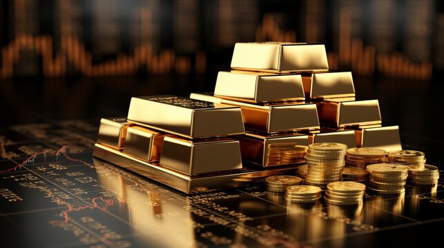 Gold price throughout stock Gold bars placed on top of stocks and stock charts showing investments with Stocks Graph Representing Financial investment, Gold Stock Market Wealth, Money Trade Exchange.