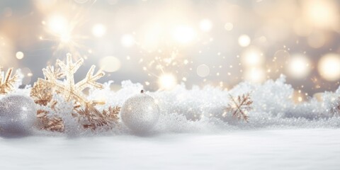 Obraz na płótnie Canvas white christmas ornaments in the snow, background for greeting cards