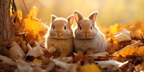 cute rabbits in the autumn forest, golden leafs