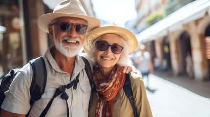 A joyful senior couple is captured in a portrait, exploring a city during their travel tour. They are seen smiling and enjoying their time together, creating beautiful memories in their golden years.
