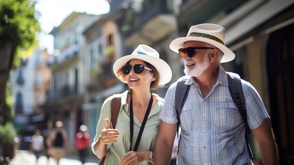A joyful senior couple is captured in a portrait, exploring a city during their travel tour. They are seen smiling and enjoying their time together, creating beautiful memories in their golden years.