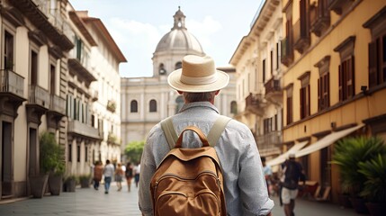 A portrait of a senior male traveler exploring a city on his own. The spirit of solo travel in his golden years. - obrazy, fototapety, plakaty