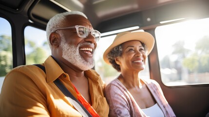 A cheerful senior couple is seen enjoying their travel journey, seated comfortably in a tour bus. They are radiating happiness, sharing a light moment, and looking forward to their destination.