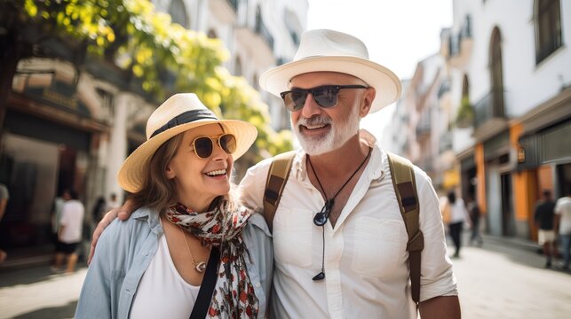 A joyful senior couple is captured in a portrait, exploring a city during their travel tour. They are seen smiling and enjoying their time together, creating beautiful memories in their golden years.