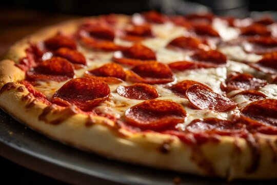 Closeup image of a pepperoni/salami pizza. Generative AI