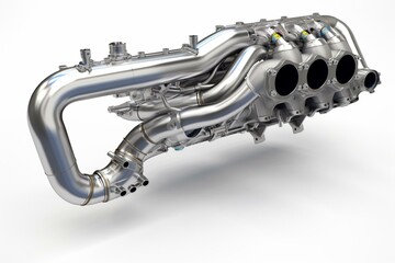 3D rendering of a vehicle's exhaust manifold on a white background. Generative AI - obrazy, fototapety, plakaty