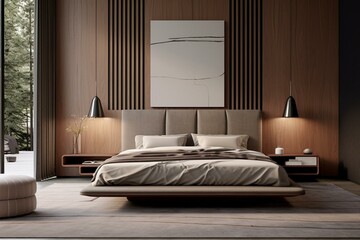 Modern bedroom with wooden headboard, velvet bed, bedding, pillows, carpet, and contemporary interior design. Generative AI