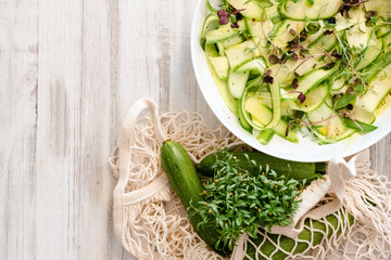 Top view of alternative vegetable zucchini pasta. Zoodle