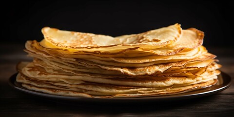 Thin crepes stacked and isolated on a clear black background, Generative AI. - obrazy, fototapety, plakaty