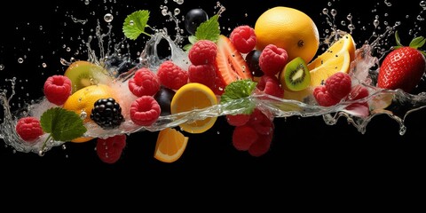 Fruits and berries in the air, isolated on a black backdrop, Generative AI.