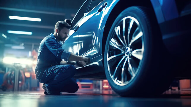 An auto repair shop garage as car mechanics work their magic on a vehicle
