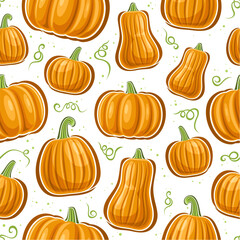 Vector Pumpkin Seamless Pattern, square repeat background with cut out illustrations of ripe whole different pumpkins and green twisted stalk for wrapping paper, collection of flying flat lay pumpkins