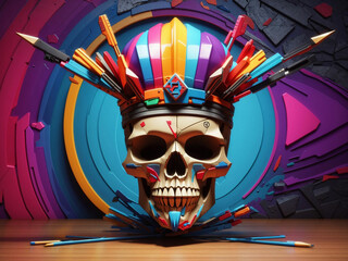 colorful skull on dark background with color - obrazy, fototapety, plakaty