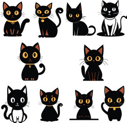 Collection of halloween black cats, set of isolated black cats