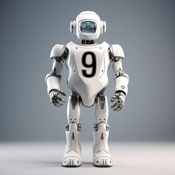 small robot standing in a plain grey background has a number 9 on it. 