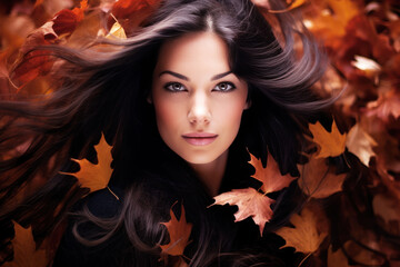 Fototapeta premium Beautiful fashion model woman face on autumn leafs, long black hair