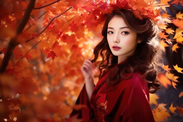 Japanese fashion model woman face on autumn leafs, long hair