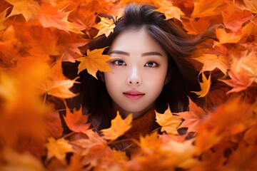 Naklejka na ściany i meble Japanese fashion model woman face on autumn leafs, long hair