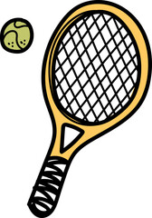 tennis racket and ball hand drawn illustration vector on transparent background